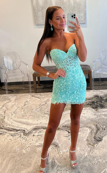 H1735 - Illusion Strapless Fully Lace Short Party  Homecoming Graduation Dress