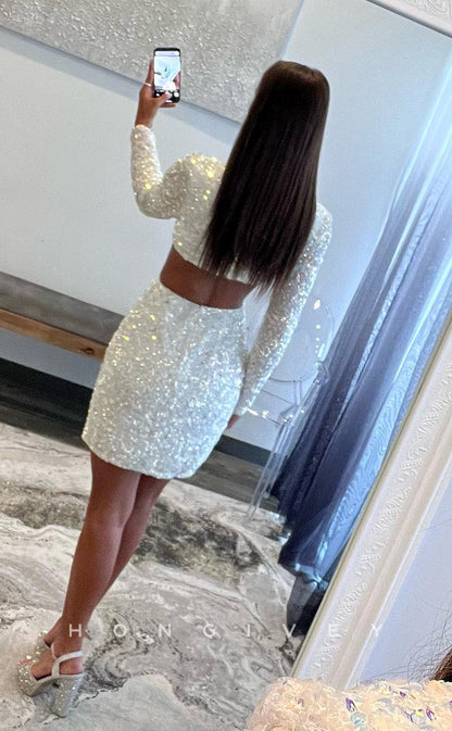 H1736 - Sparkly Fully Sequined Cutout V-Neck Short Party Homecoming Graduation Dress
