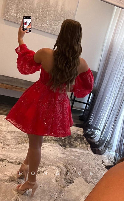 H1738 - Sparkly Illusion Fully Lace Sequined Long Sleeves Short Homecoming Graduation Party Dress