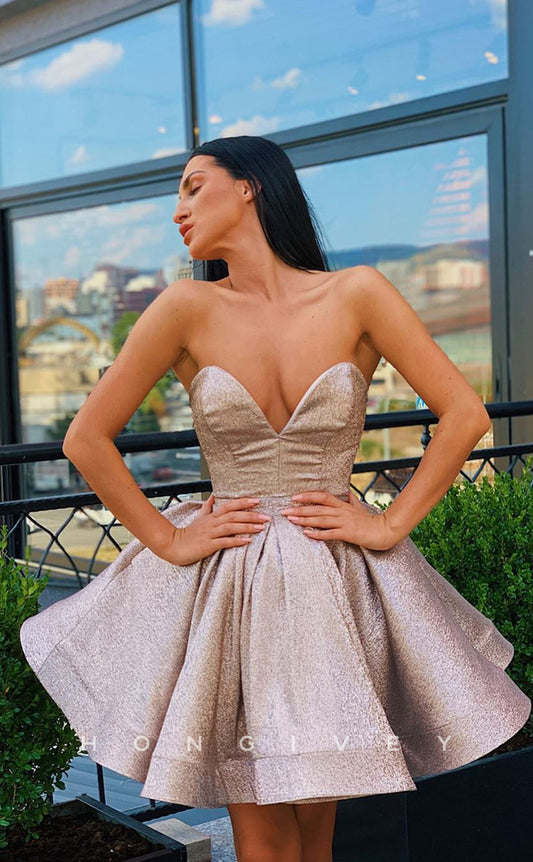 H1747 - Sweet Sparkly Ruched Strapless Short Graduation Homecoming Party Dress