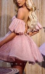 H1773 - Rhinestone Embellished Sheer Puff Sleeves Short Party Graduation Homecoming Dress