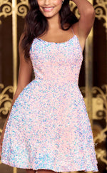 H1779 - Sparkly Fully Sequined Lace-Up Back Short Graduation Homecoming Party Dress