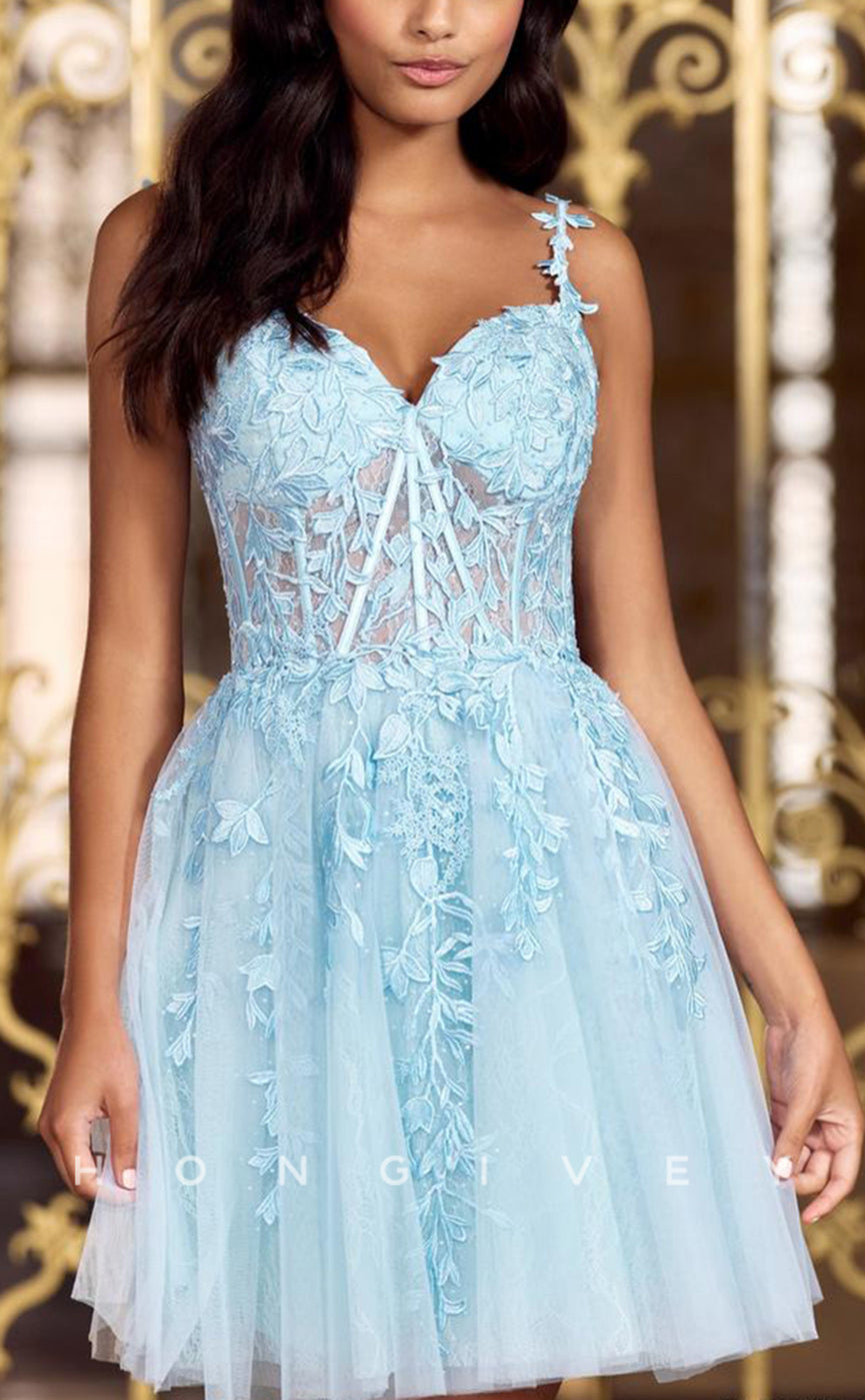 H1780 - Illusion Floral Appliqued Short Homecoming Party Graduation Dress