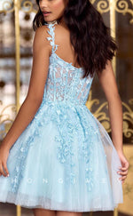 H1780 - Illusion Floral Appliqued Short Homecoming Party Graduation Dress