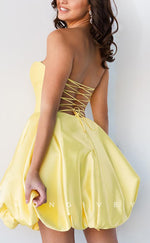 H1789 - Sweet Ruched Lace-Up Back Strapless Short Graduation Party Homecoming Dress