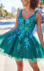 H1796 - Sparkly Floral Embossed Tiered Plunging Illusion Short Party Graduation Homecoming Dress