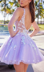 H1796 - Sparkly Floral Embossed Tiered Plunging Illusion Short Party Graduation Homecoming Dress