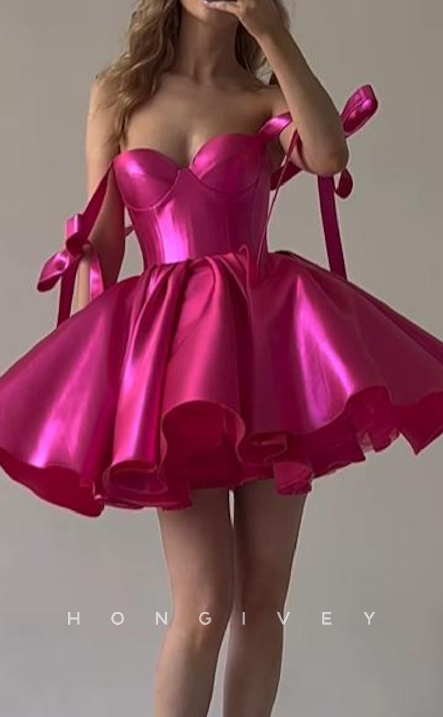 H1799 - Sweet Ruched Tiered With Bow Detail Short Cake Party Graduation Homecoming Dress