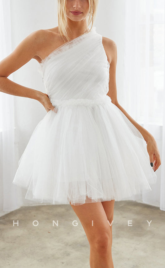 H1801 - Illusion One Shoulder With Lace Gloves Short Party Homecoming Graduation Dress