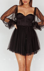 H1804 - Illusion Ruched With Long Bell Sleeves Short Graduation Party Homecoming Dress