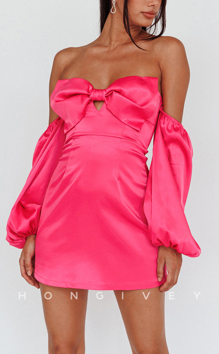 H1805 - Sweet Bow Detail Removable Sleeves Short Party Homecoming Graduation Dress