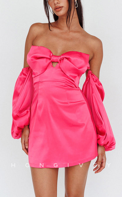 H1805 - Sweet Bow Detail Removable Sleeves Short Party Homecoming Graduation Dress