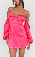 H1805 - Sweet Bow Detail Removable Sleeves Short Party Homecoming Graduation Dress