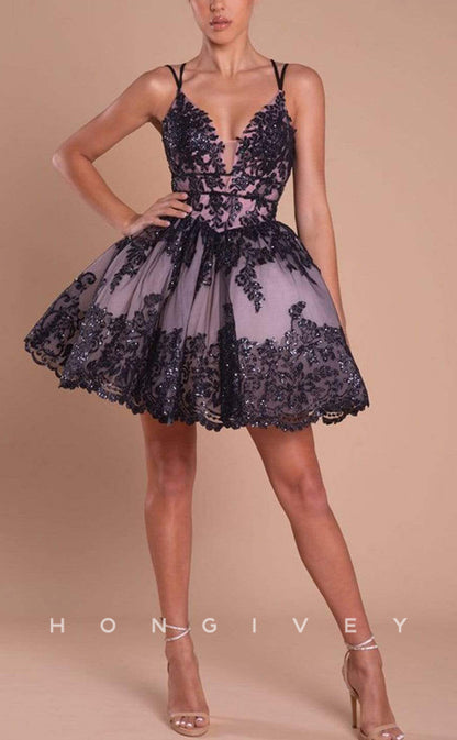 H1807 - Floral Embroidered Plunging Illusion Lace-Up Back Short Party Homecoming Graduation Dress