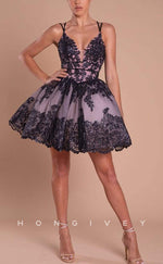 H1807 - Floral Embroidered Plunging Illusion Lace-Up Back Short Party Homecoming Graduation Dress