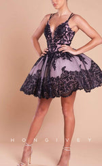 H1807 - Floral Embroidered Plunging Illusion Lace-Up Back Short Party Homecoming Graduation Dress