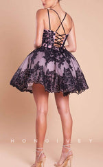 H1807 - Floral Embroidered Plunging Illusion Lace-Up Back Short Party Homecoming Graduation Dress