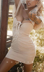 H1859 - Sexy Fitted V-Neck Lace-Up Ruched Short Homecoming Dress