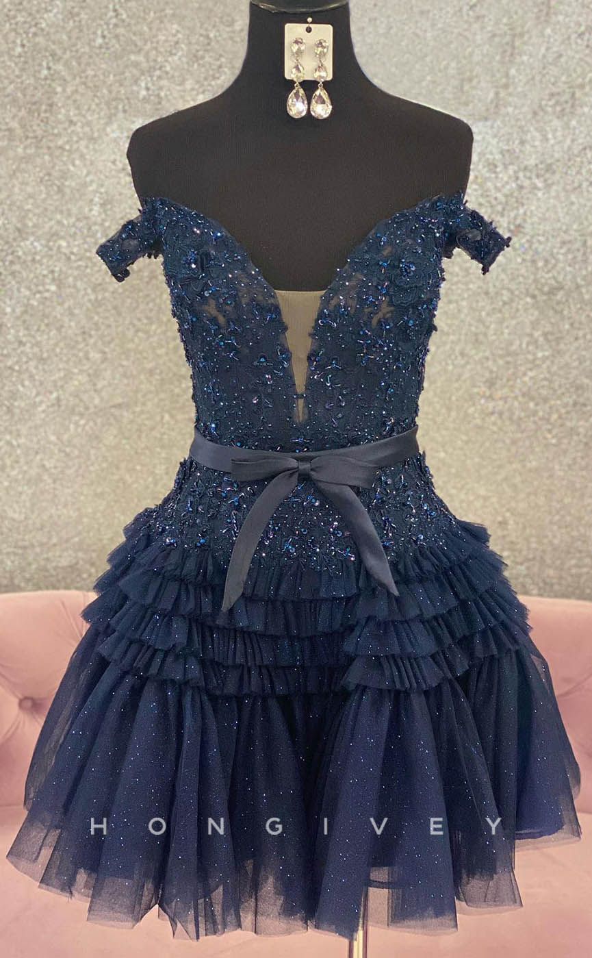 H1904 - Sexy Glitter Off-Shoulder Bowknot Belt Ball Gown Short Party/Homecoming Dress