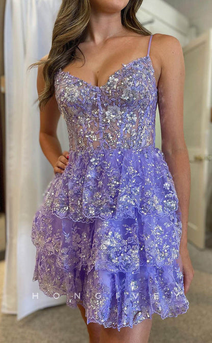 H1906 - Sexy Glitter Spaghetti Straps Backless Appliques Ball Gown Short Homecoming Dress