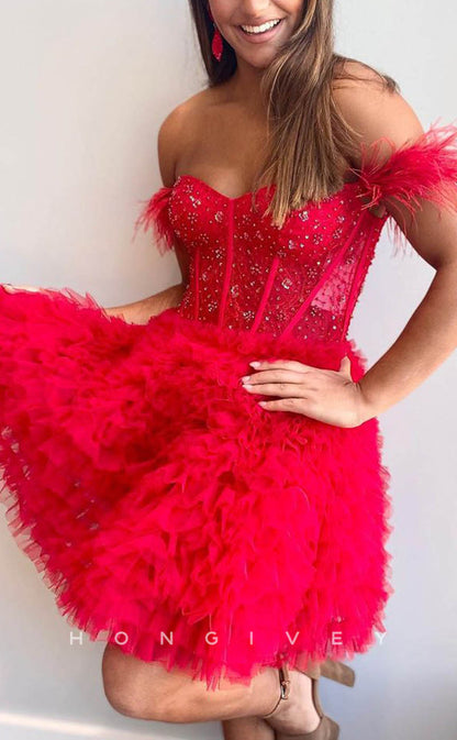 H1912 - Sexy A-Line Off-Shoulder Feathers Appliques Illusion Cutout Short Evening/Homecoming Dress