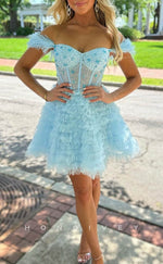 H1912 - Sexy A-Line Off-Shoulder Feathers Appliques Illusion Cutout Short Evening/Homecoming Dress