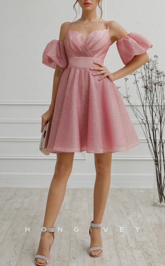 H1919 - Elegant/Sexy A-Line Puff Sleeves Gown Spaghetti Straps Glitter Short Homecoming Dress