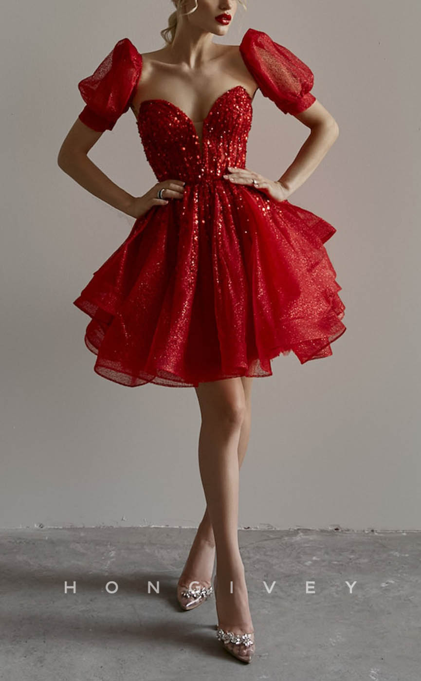 H1920 - Ornate/Sexy Sequined V-Neck Empire Tiered Short Evening/Homecoming Dress
