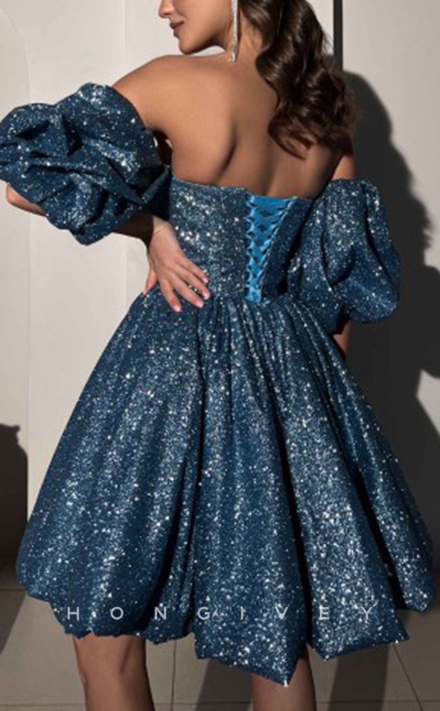 H1922 - Sexy Fully Sequined A-Line Sweetheart Puff Sleeves Gown Short Party/Homecoming Dress