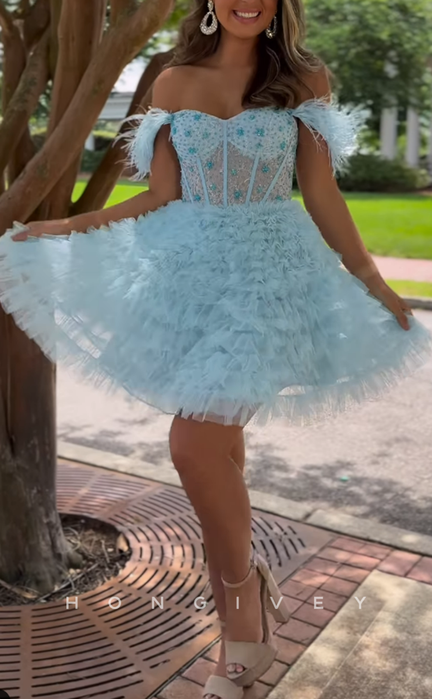 H1940 - Sexy A-Line Sheer Feathers Straps Tiered Ball Gown Short Cocktail/Homecoming Dress