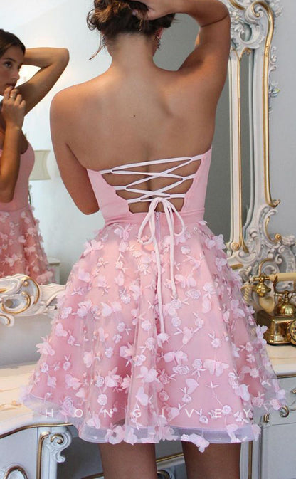 H1947 - Sexy A-Line Sweetheart Strapless Lace-Up Appliques Short Homecoming Dress