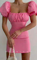 H1948 - Simple & Casual Fitted Square Ruched Puff Sleeves Gown Lace-Up Short Homecoming Dress