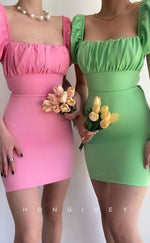 H1948 - Simple & Casual Fitted Square Ruched Puff Sleeves Gown Lace-Up Short Homecoming Dress