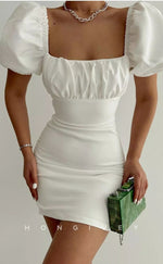 H1948 - Simple & Casual Fitted Square Ruched Puff Sleeves Gown Lace-Up Short Homecoming Dress