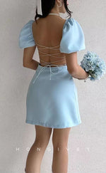 H1948 - Simple & Casual Fitted Square Ruched Puff Sleeves Gown Lace-Up Short Homecoming Dress