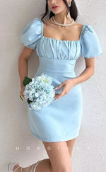 H1948 - Simple & Casual Fitted Square Ruched Puff Sleeves Gown Lace-Up Short Homecoming Dress