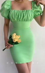 H1948 - Simple & Casual Fitted Square Ruched Puff Sleeves Gown Lace-Up Short Homecoming Dress