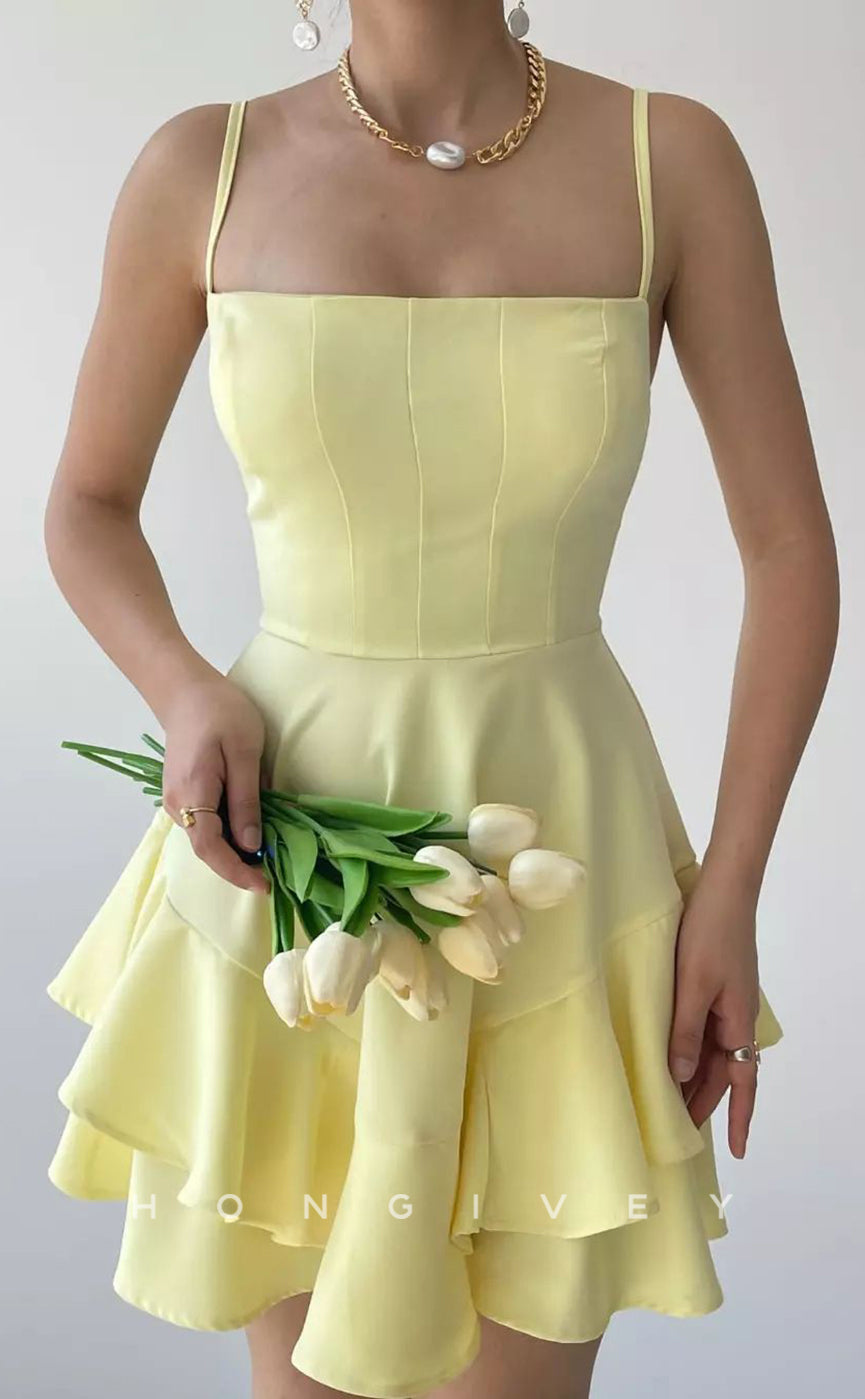 H1949 - Sexy Satin Square Spaghetti Straps Ruffles Short Party/Homecoming Dress