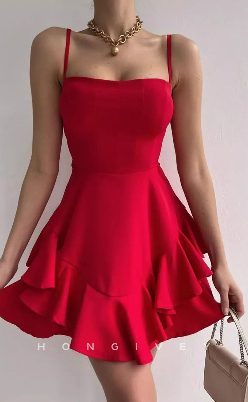 H1949 - Sexy Satin Square Spaghetti Straps Ruffles Short Party/Homecoming Dress