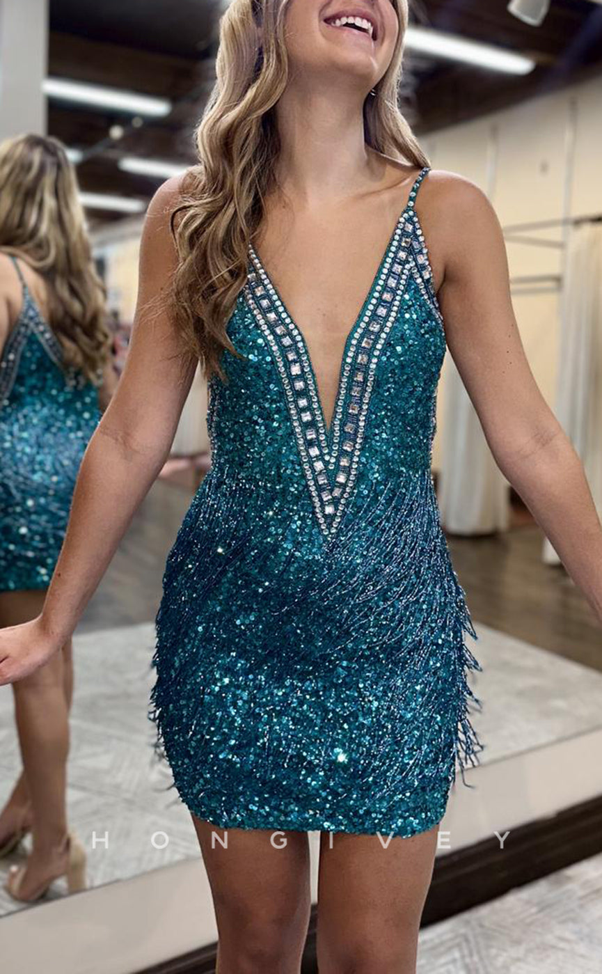 H1952 - Sexy Fitted Plunging Illusion Spaghetti Straps Fully Sequined Beaded Fringe Homecoming Dress
