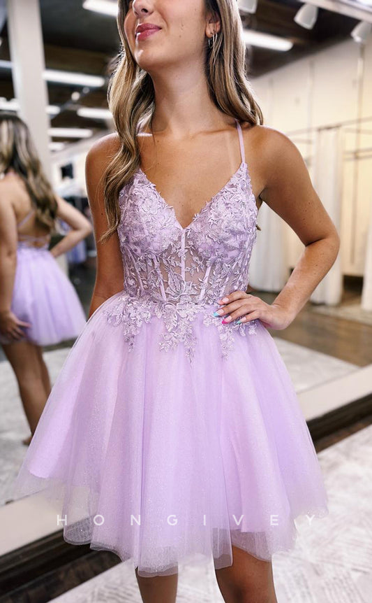 H1961 - Simple & Casual V-Neck Spaghetti Straps Appliques Backless Short A-Line Homecoming Dress
