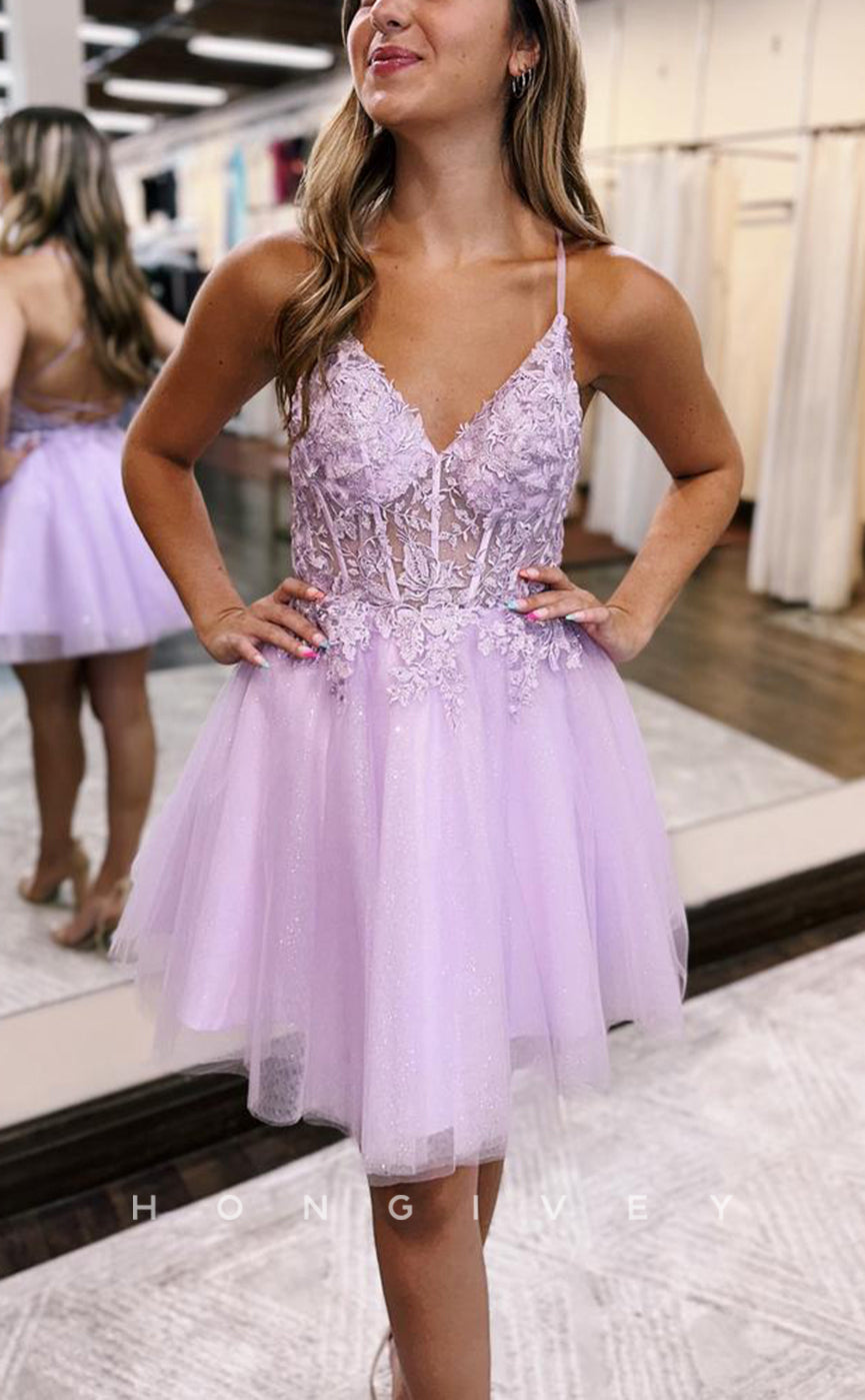 H1961 - Simple & Casual V-Neck Spaghetti Straps Appliques Backless Short A-Line Homecoming Dress