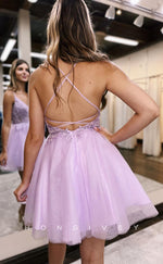 H1961 - Simple & Casual V-Neck Spaghetti Straps Appliques Backless Short A-Line Homecoming Dress