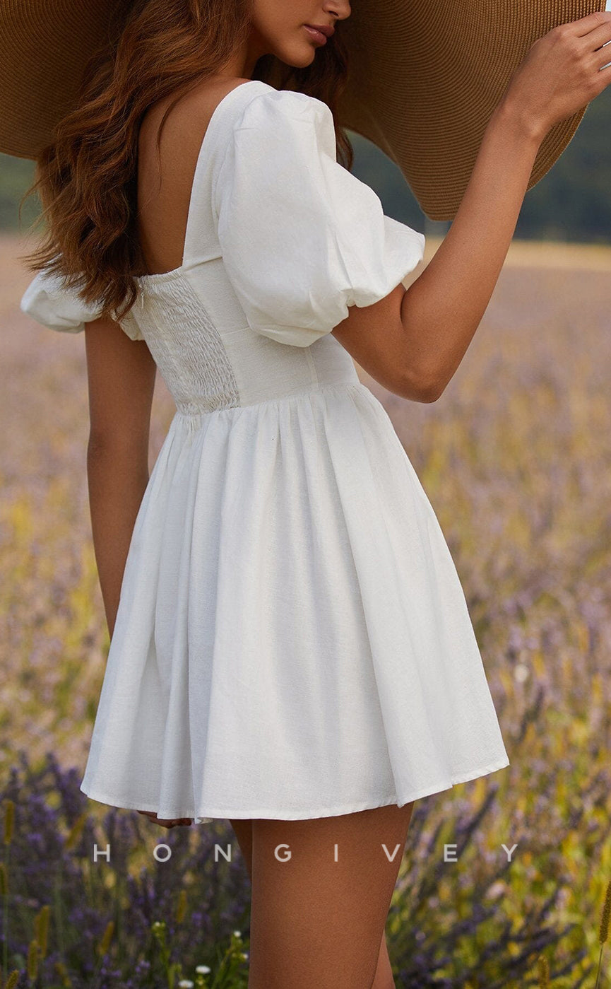 H1969 - Simple & Casual A-Line V-Neck Puff Sleeves Gown Short Party/Homecoming Dress