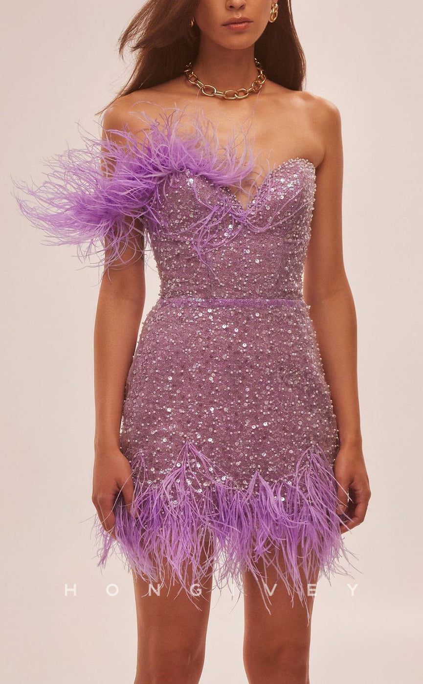 H1976 - Sexy Fitted Glitter Fully Sequined Sweetheart Feather Short Party/Homecoming Dress