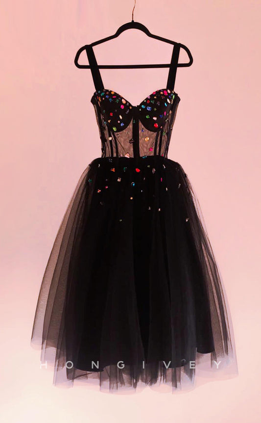 H1991 - Sexy Black Illusion Cutout Tulle A-Line Sweetheart Spaghetti Straps Rhinestone Short Party/Homecoming Dress