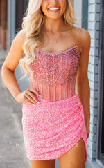 H1994 - Sexy Fitted Glitter Illusion Scoop Strapless Ruched Short Party/Homecoming Dress