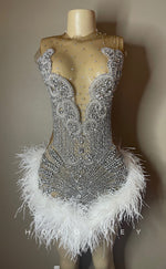 H1995 - Sexy Fitted Glitter Illusion High Neck Strapless Beaded Feathers Short Homecoming Dresses For Black Women