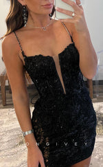 H1997 - Sexy Black Fitted V-Neck Spaghetti Straps Appliques Short Party/Homecoming Dress