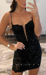 H1997 - Sexy Black Fitted V-Neck Spaghetti Straps Appliques Short Party/Homecoming Dress